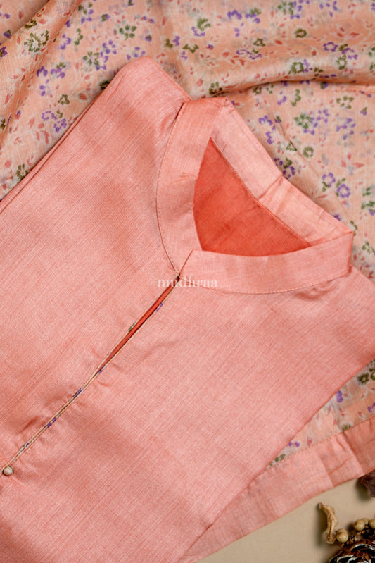 Peach Pure Tussar Semi-Stitched Suit Set