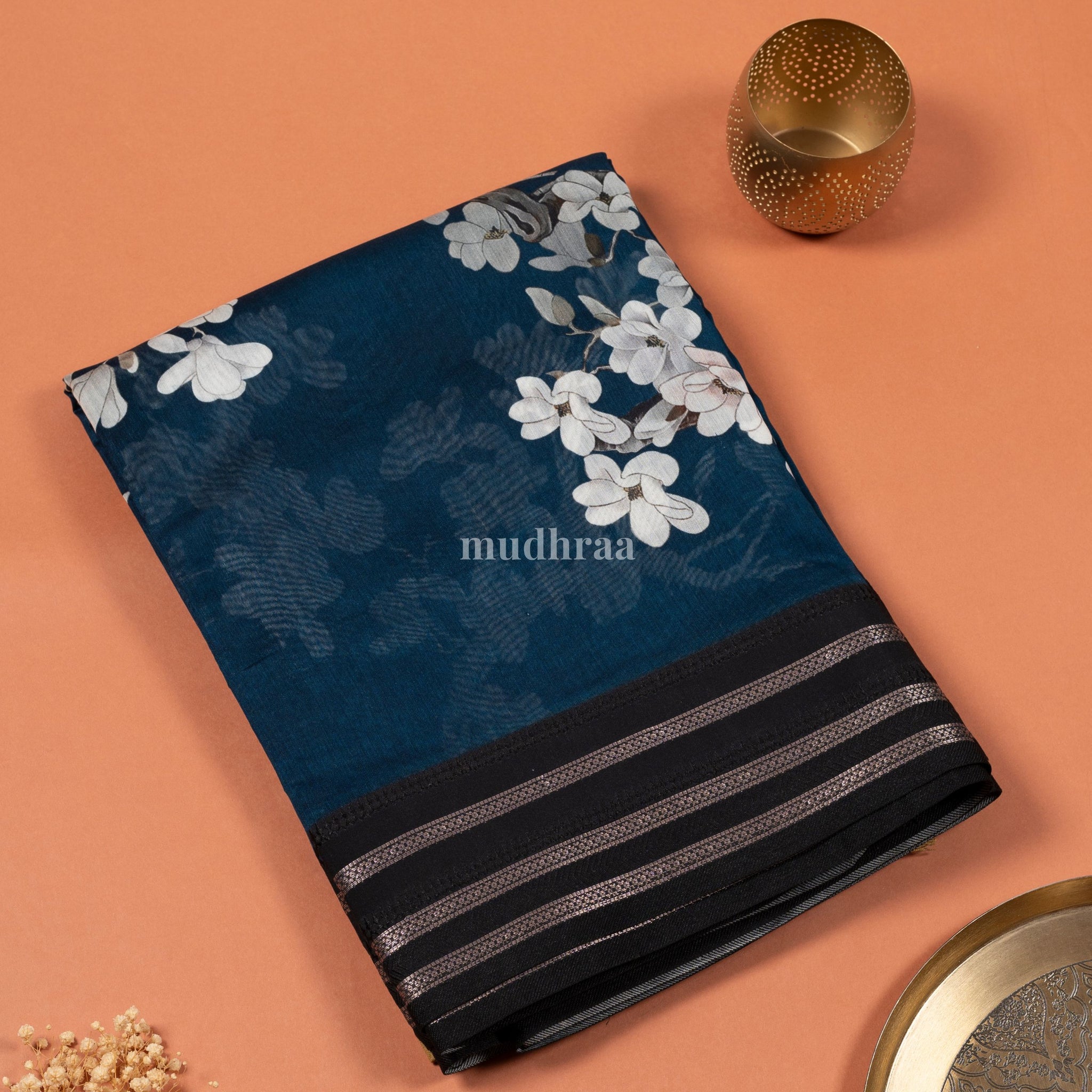 NAVY BLUE PRINTED CHANDERI SAREE