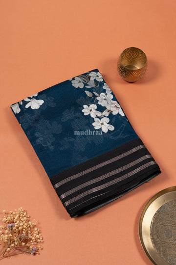 NAVY BLUE PRINTED CHANDERI SAREE