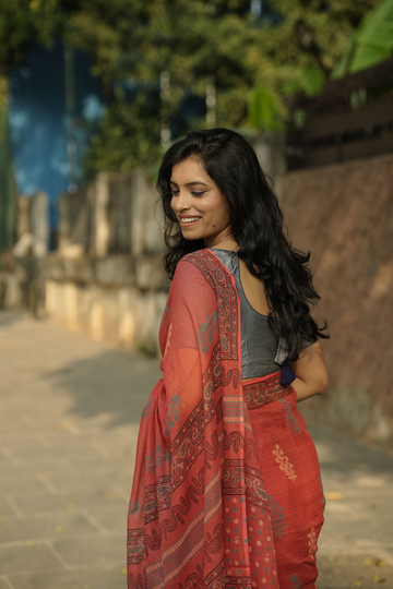 PINKISH RED HANDBLOCK PRINTED KOTA COTTON SAREE