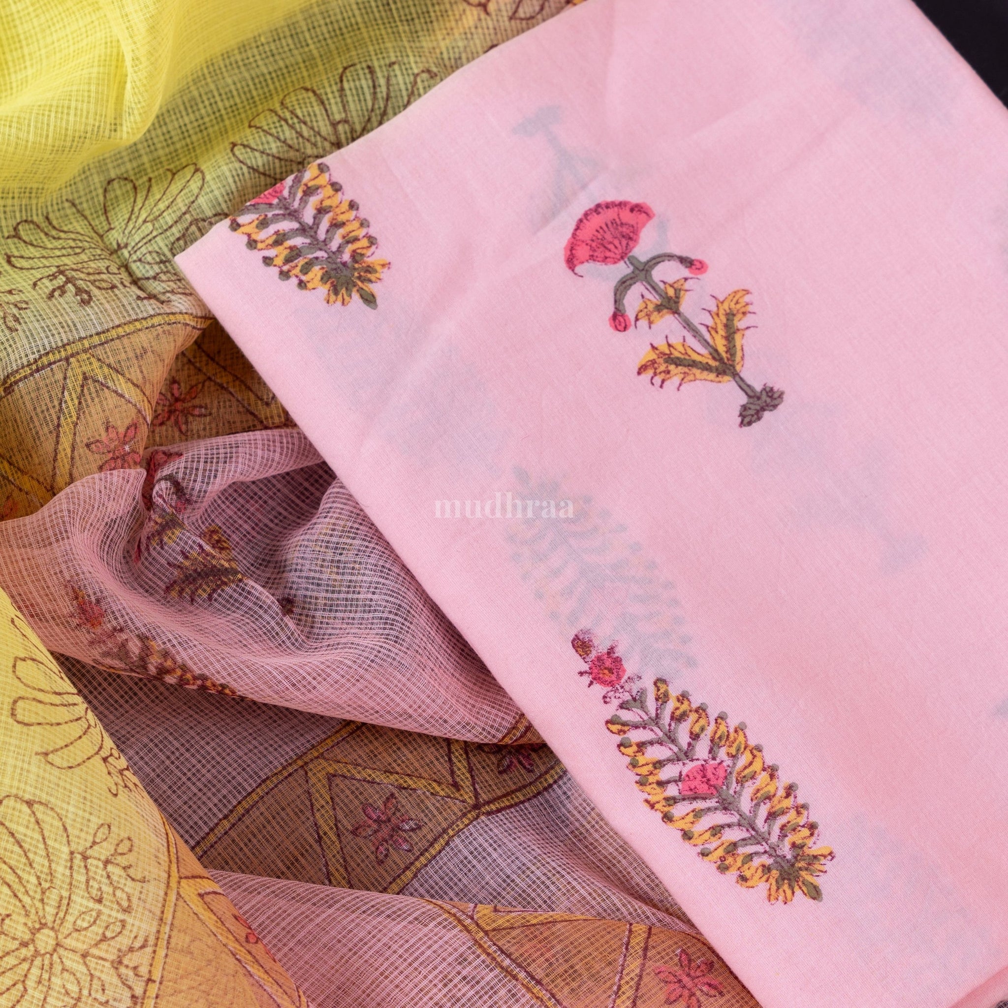 BABY PINK & LEMON YELLOW HANDBLOCK PRINTED COTTON SUIT SET