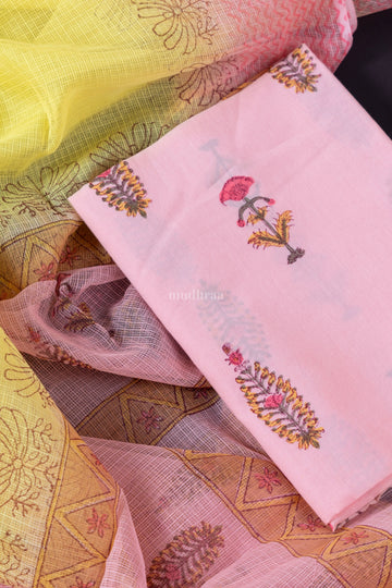 BABY PINK & LEMON YELLOW HANDBLOCK PRINTED COTTON SUIT SET