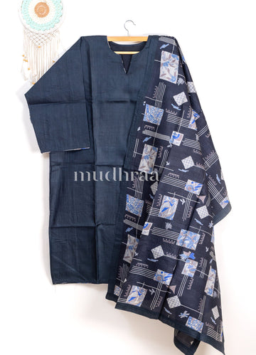 Onyx black semi-stitched tussar suit set