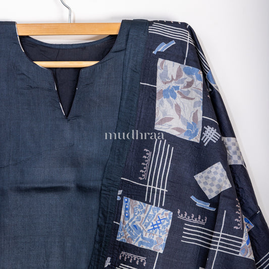Onyx black semi-stitched tussar suit set