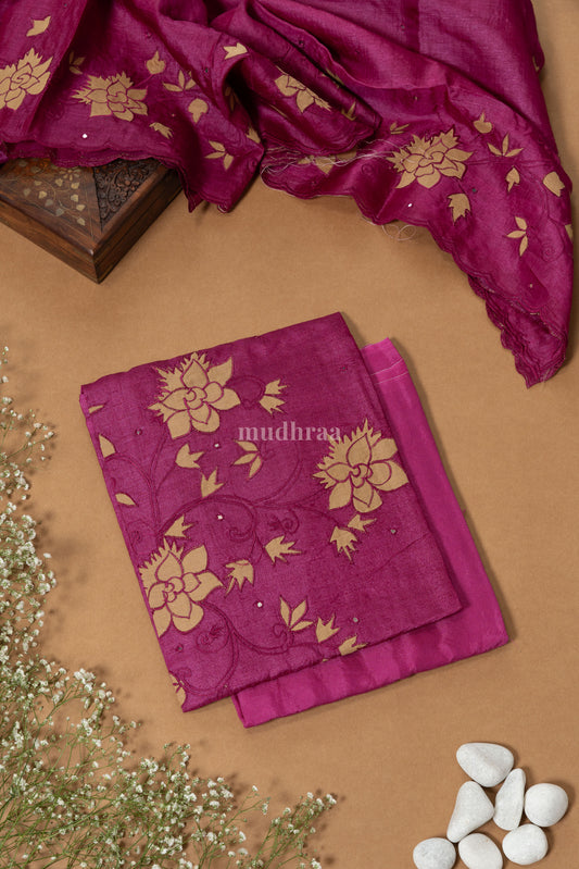 Magenta rose applique tussar suit set