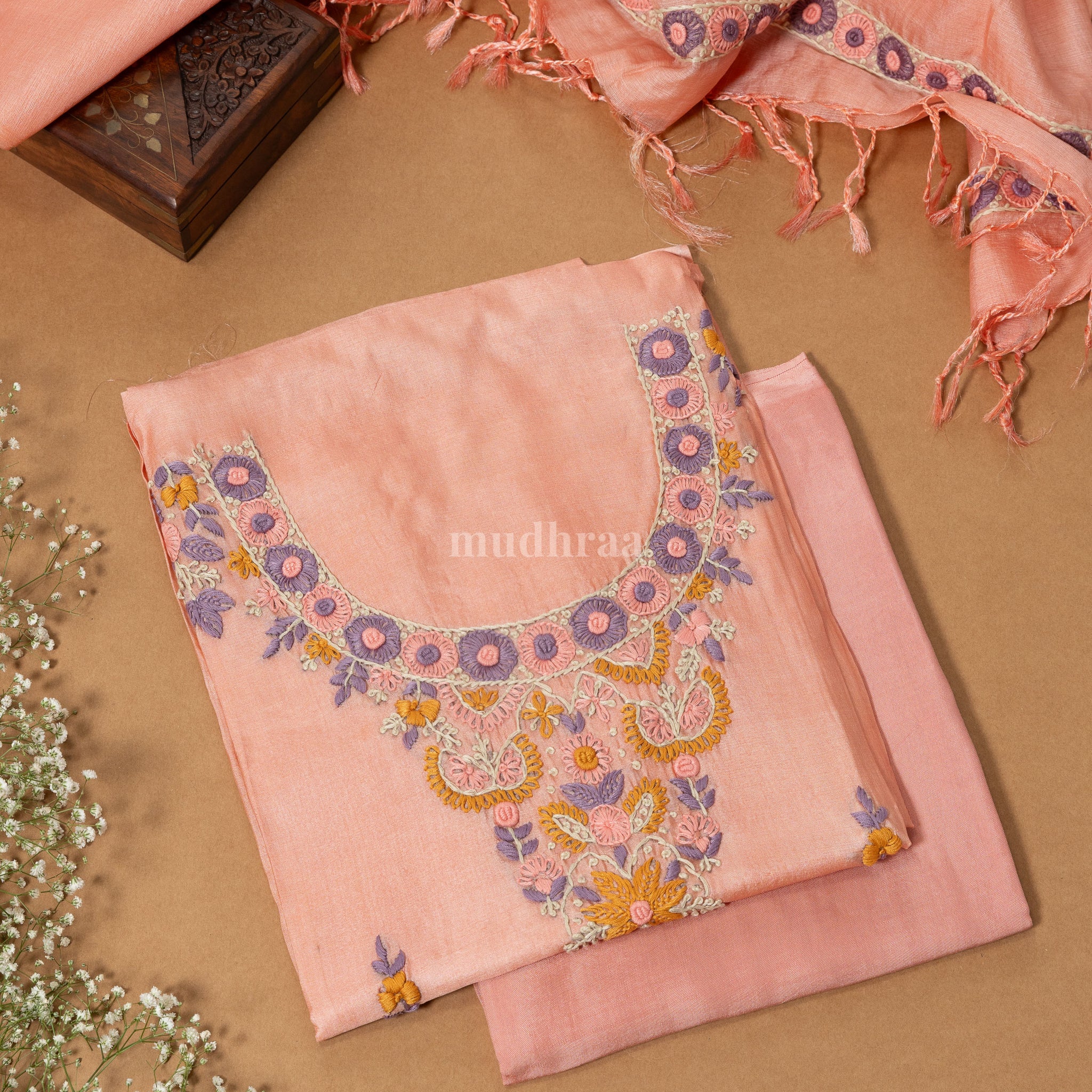 Peach & Lavender Phulkari tussar suit set