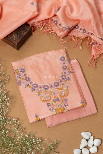 Peach & Lavender Phulkari tussar suit set