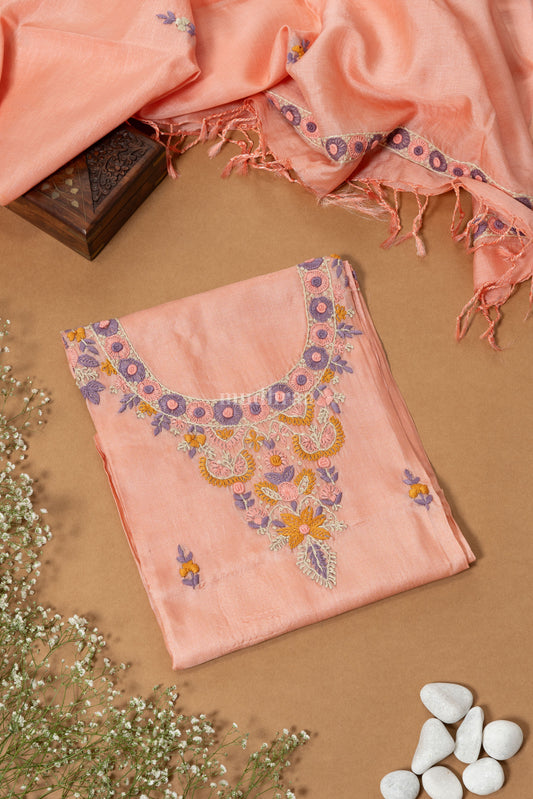 Peach & Lavender Phulkari tussar suit set