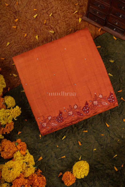 Rust orange appliqué embroidered sequins tussar silk saree