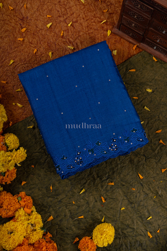 Royal blue appliqué embroidered sequins tussar silk saree