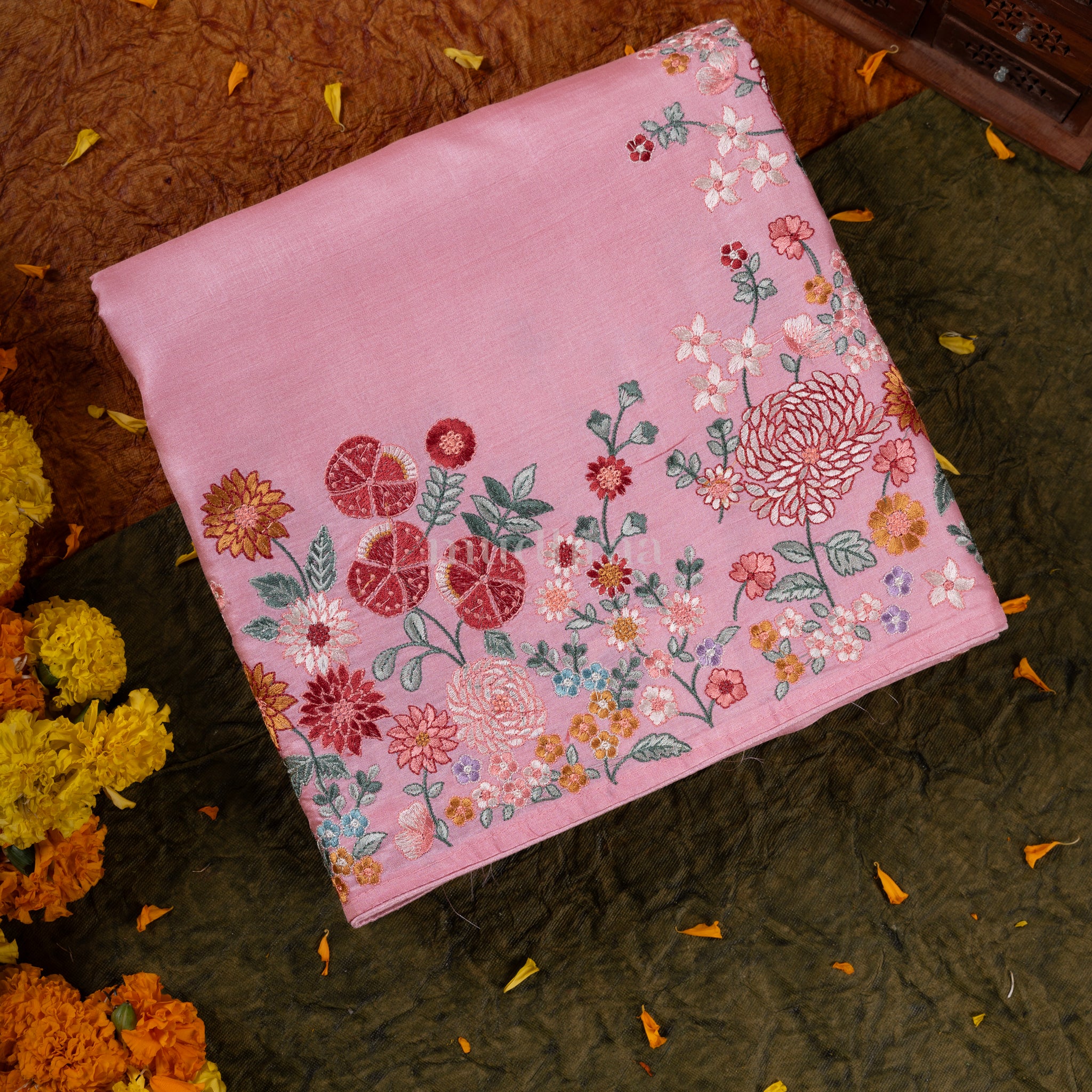 Pink Floral Embroidered Tussar Silk Saree