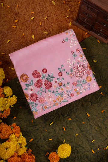 Pink Floral Embroidered Tussar Silk Saree