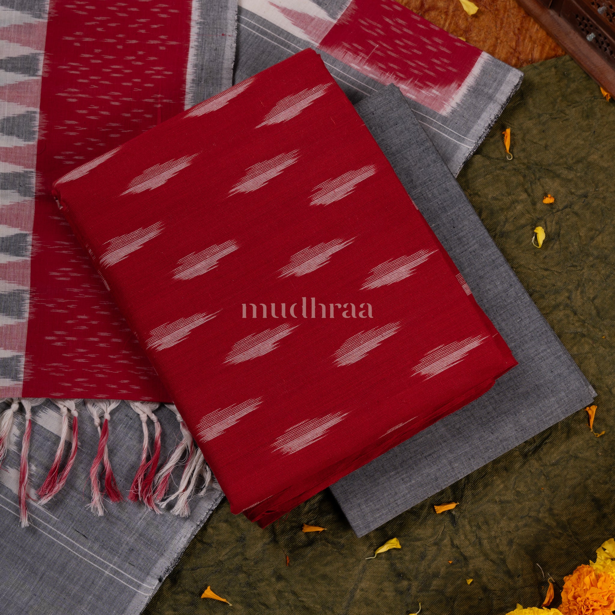 RED & GREY IKKAT COTTON SUIT SET