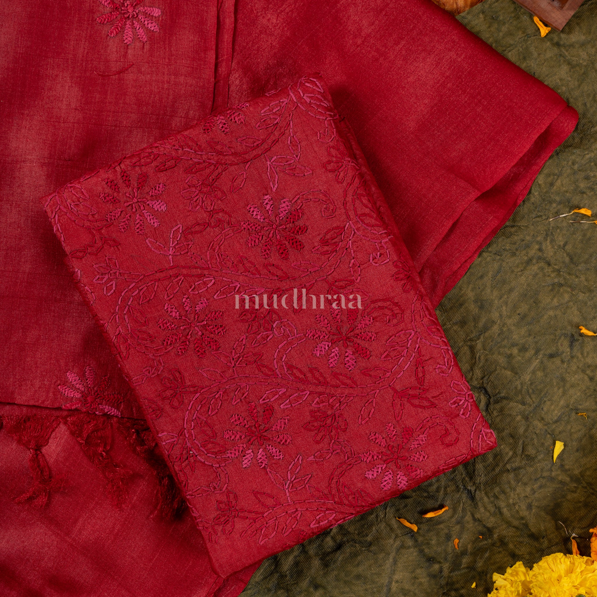 Scarlet red chikankari tussar suit set