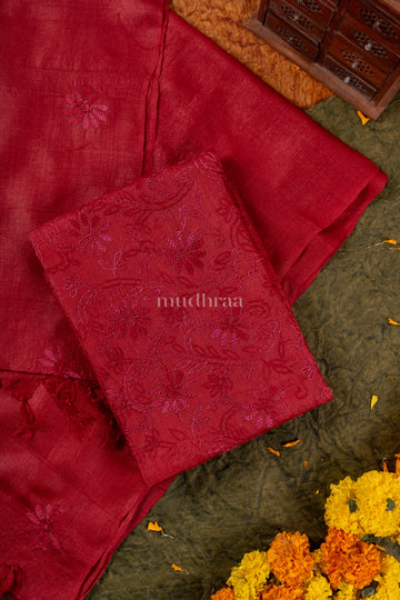 Scarlet red chikankari tussar suit set