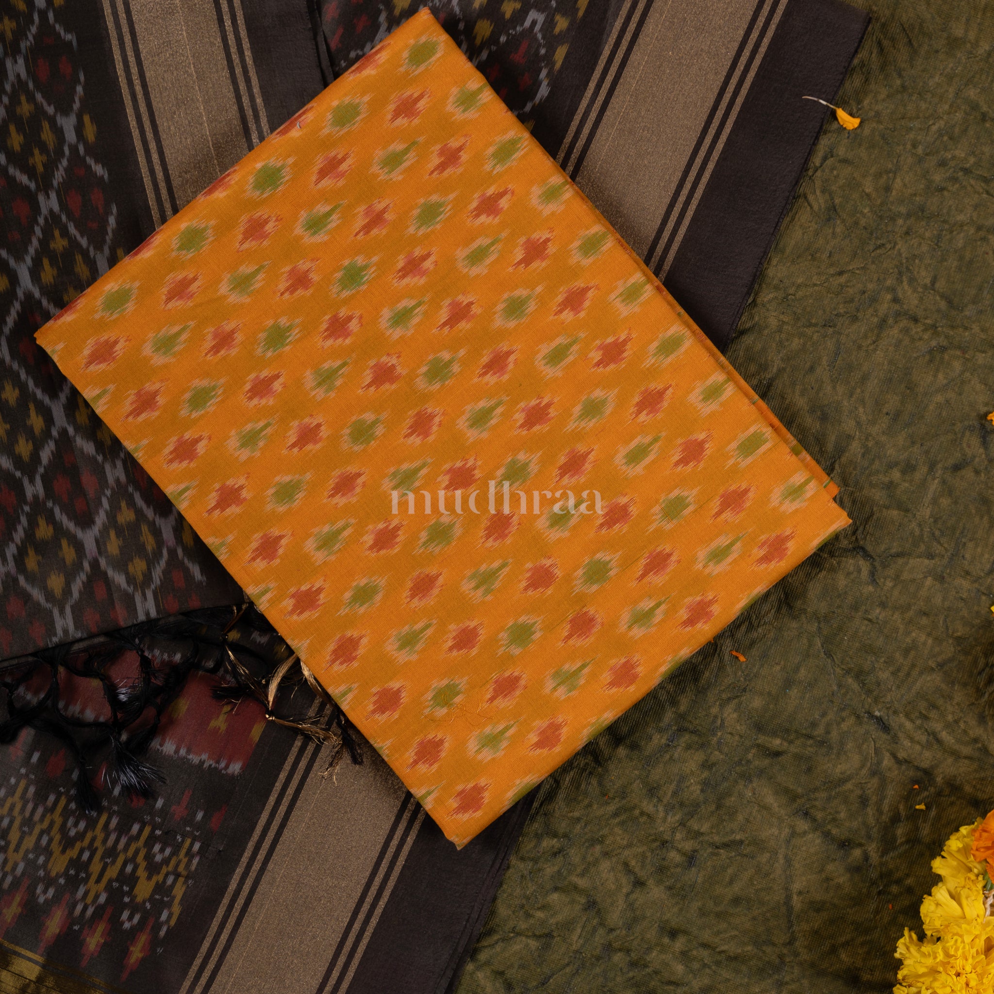 Yellow & ash grey handwoven Ikkat silk-cotton suit set