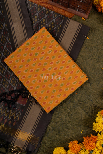 Yellow & ash grey handwoven Ikkat silk-cotton suit set