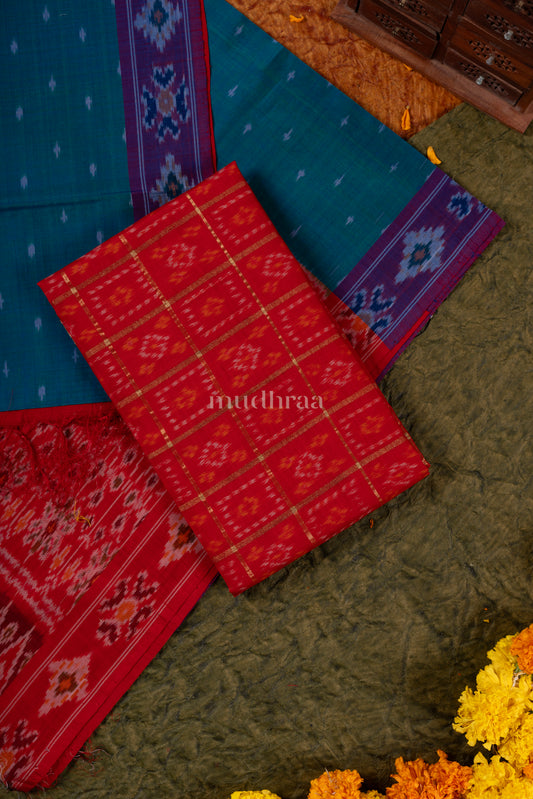 Red & Blue handwoven Ikkat silk-cotton suit set