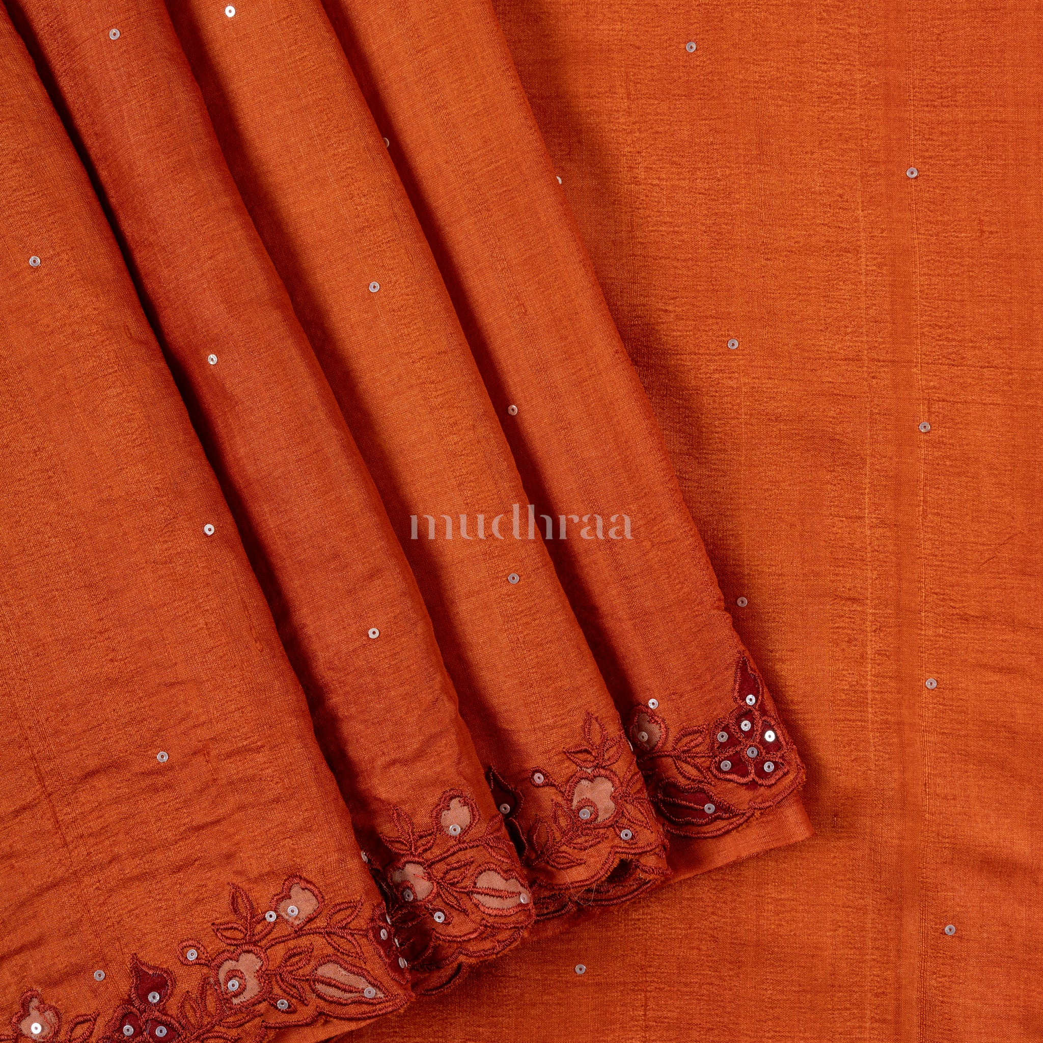 Rust orange appliqué embroidered sequins tussar silk saree