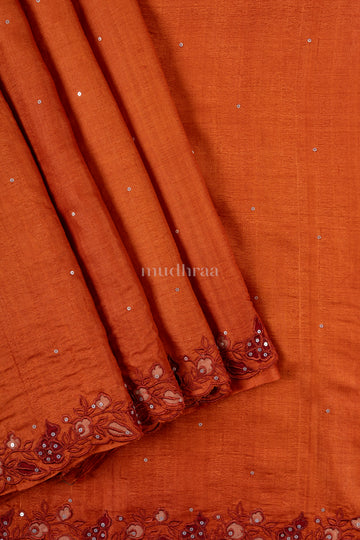 Rust orange appliqué embroidered sequins tussar silk saree