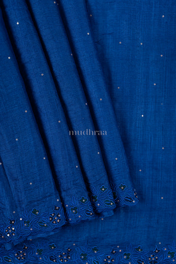 Royal blue appliqué embroidered sequins tussar silk saree