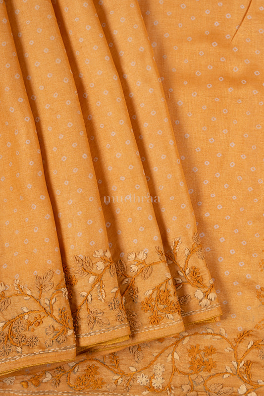 Dandelion yellow bandhani embroidered tussar silk saree