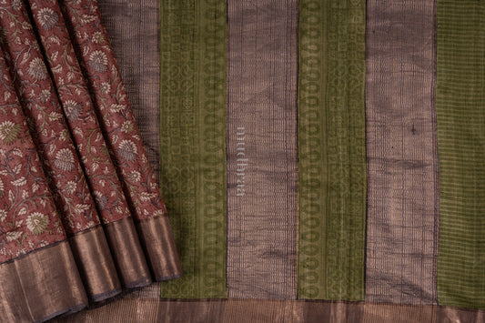 Brown & green hand block printed tussar silk saree