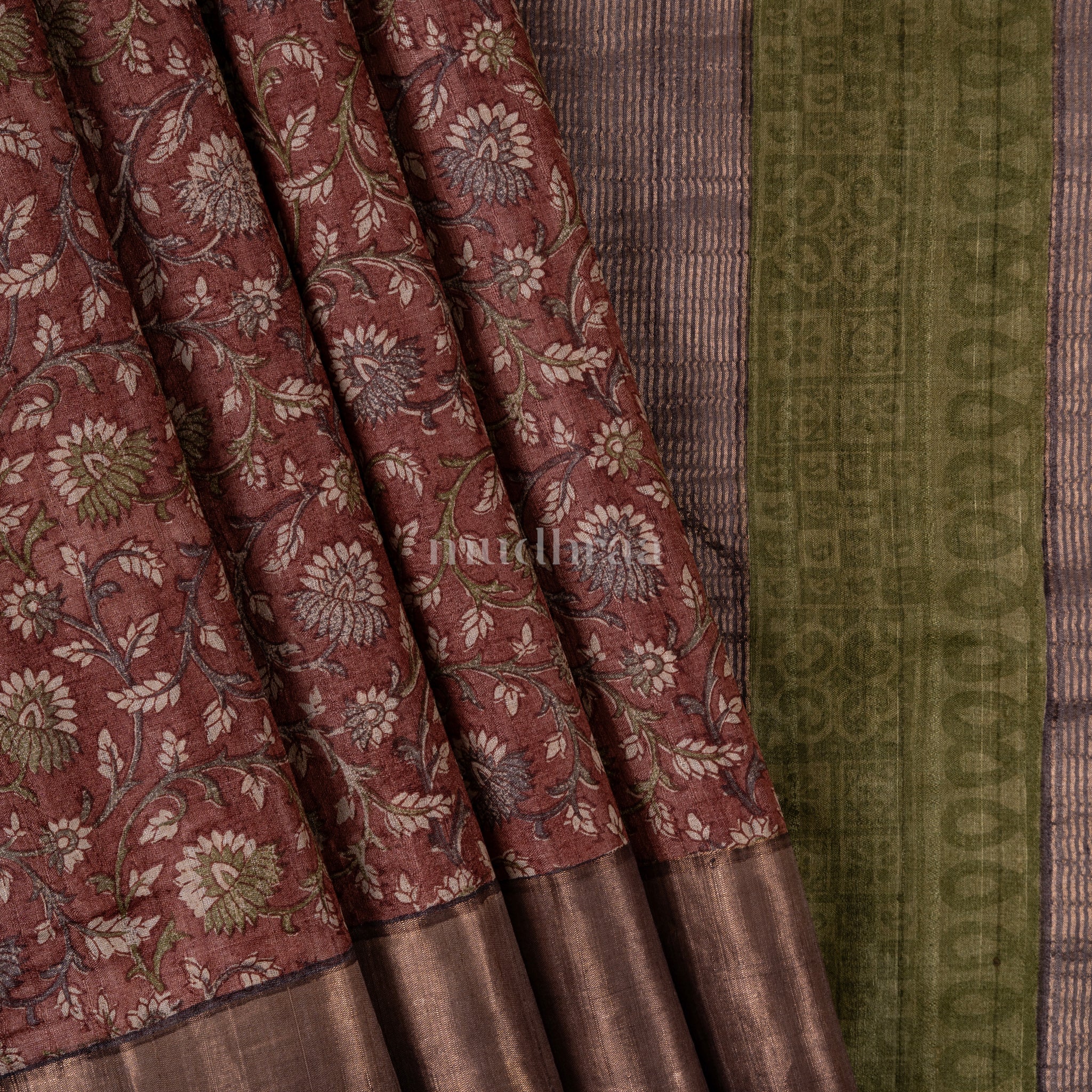 Brown & green hand block printed tussar silk saree