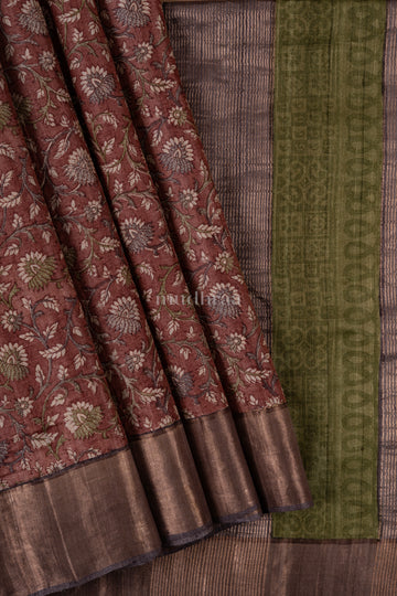 Brown & green hand block printed tussar silk saree