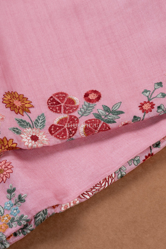 Pink Floral Embroidered Tussar Silk Saree