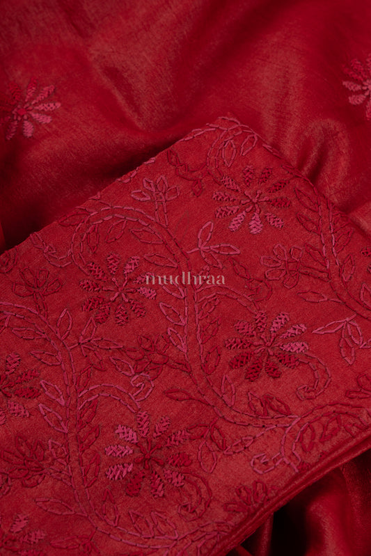 Scarlet red chikankari tussar suit set