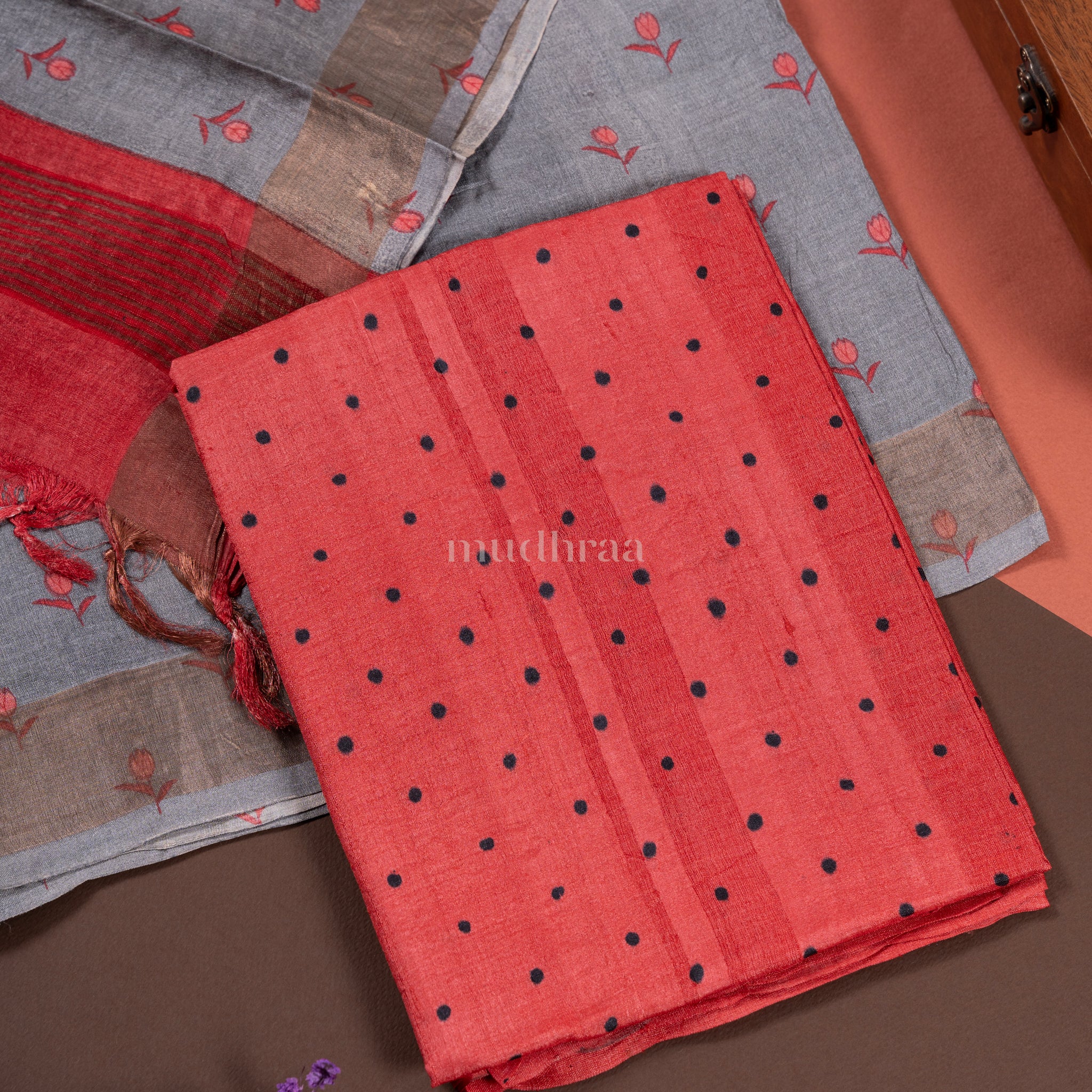 RED & GREY POLKA TUSSAR SUIT SET