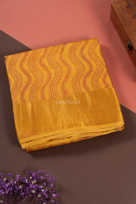 MUSTARD YELLOW KANTHA TUSSAR SAREE