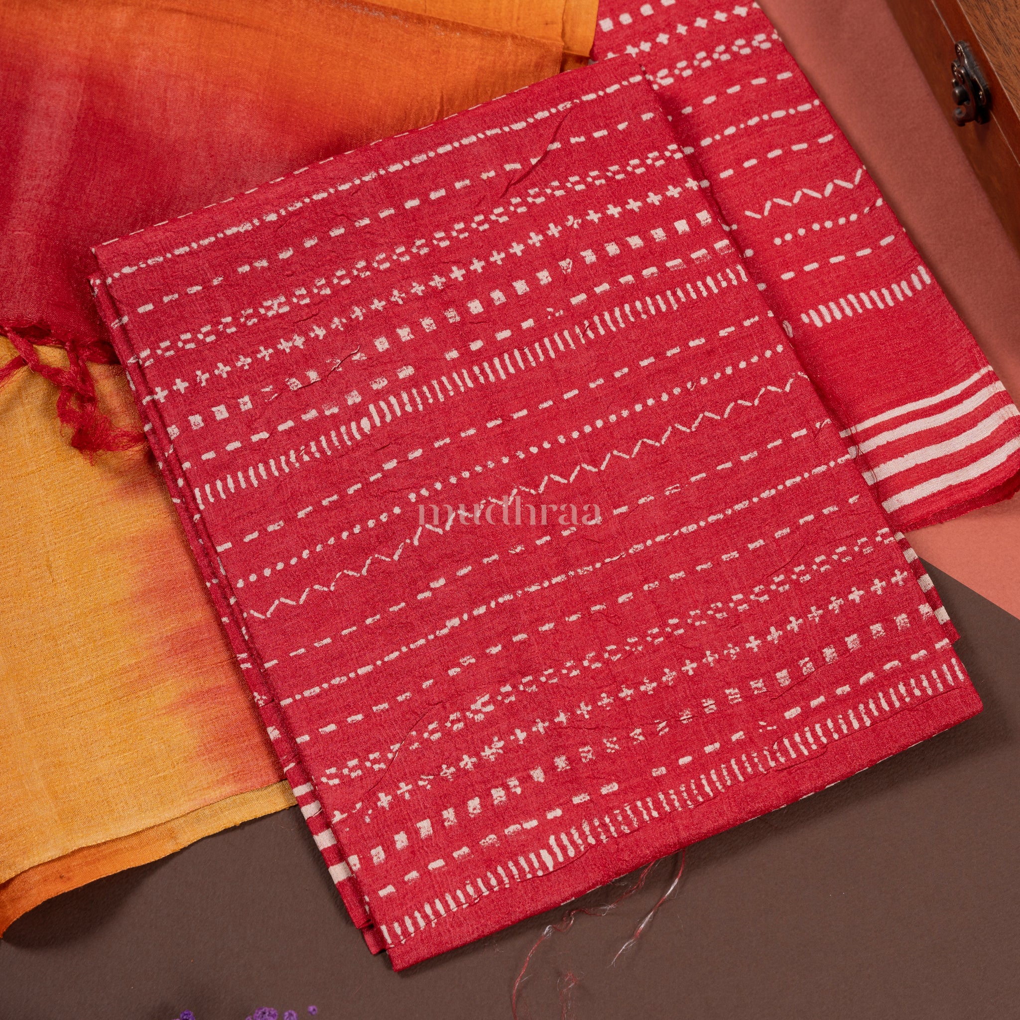 CHERRY RED HAND BLOCK PRINTED TUSSAR SUIT SET