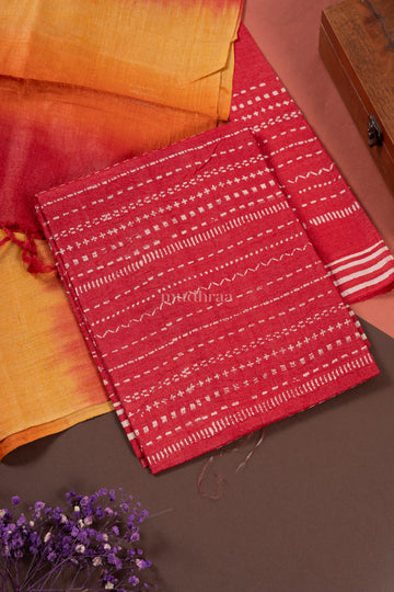 CHERRY RED HAND BLOCK PRINTED TUSSAR SUIT SET