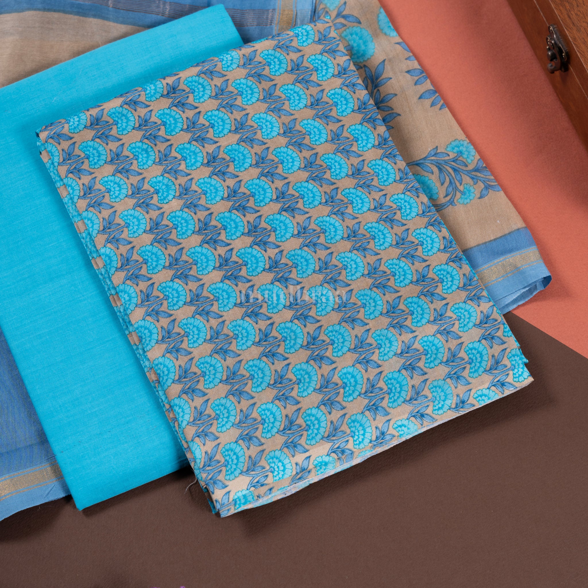 ICE BLUE & CREAM CHANDERI SUIT SET