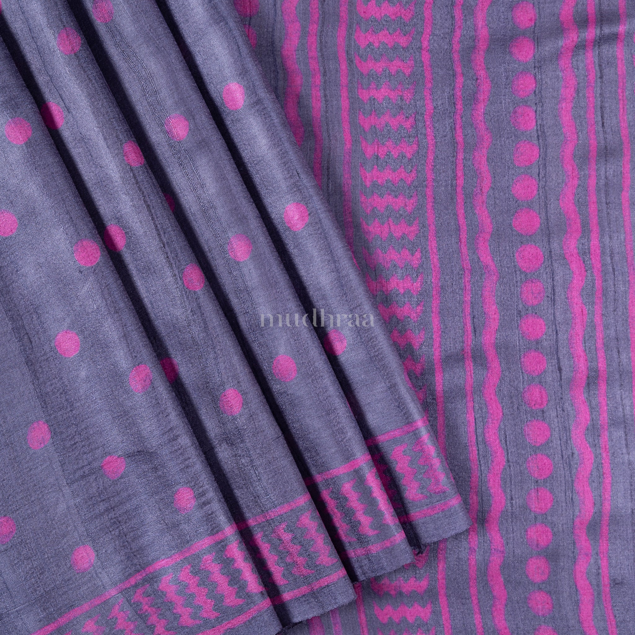 GUN METAL & FUSCHIA PINK POLKA TUSSAR SILK SAREE