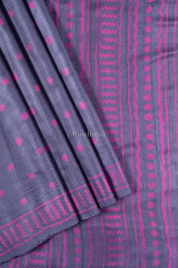 GUN METAL & FUSCHIA PINK POLKA TUSSAR SILK SAREE