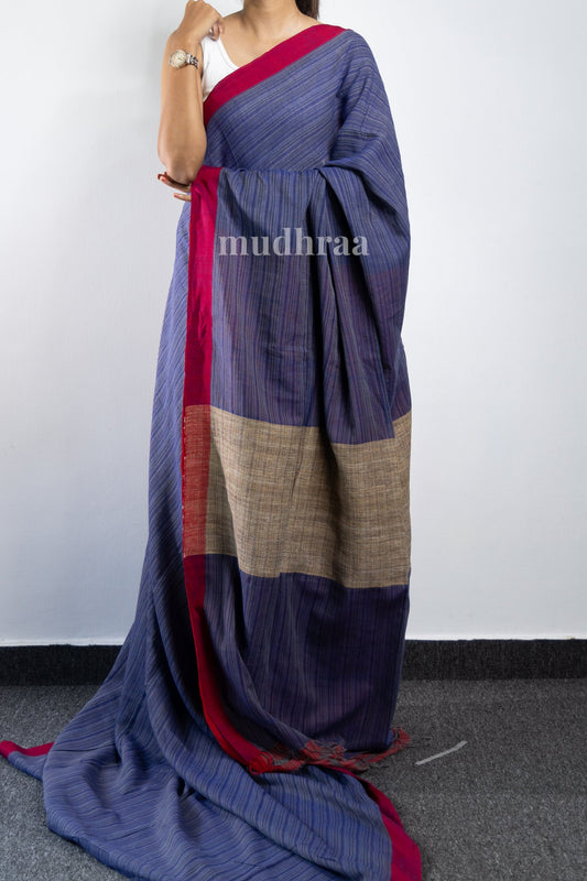 BLUE & RED COTTON GHICHA  SAREE