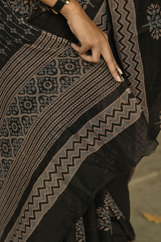 CARBON BLACK HANDBLOCK PRINTED KOTA COTTON SAREE