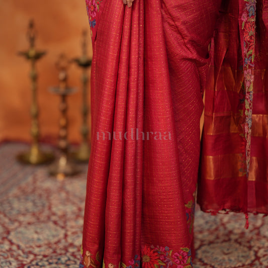 CHERRY RED ZARI CHECKED EMBROIDERED TUSSAR SAREE