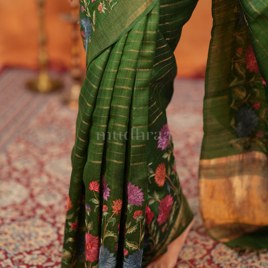 FOREST GREEN & GOLD EMBROIDERED TUSSAR SAREE
