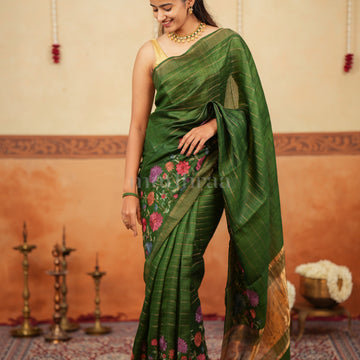 FOREST GREEN & GOLD EMBROIDERED TUSSAR SAREE