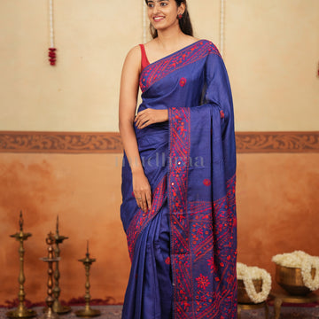 SAPPHIRE BLUE & RED EMBROIDERED TUSSAR SAREE