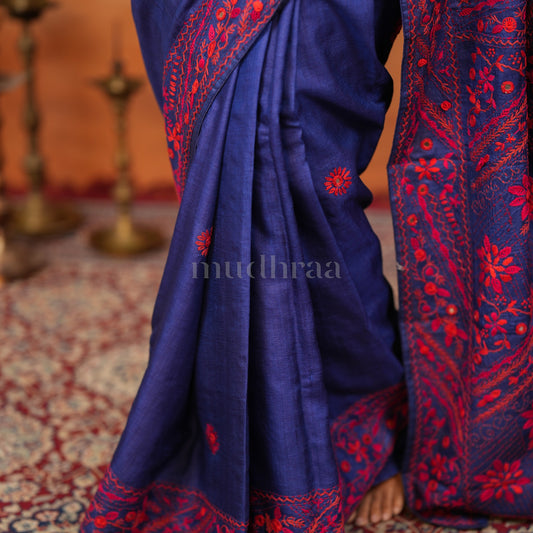 SAPPHIRE BLUE & RED EMBROIDERED TUSSAR SAREE