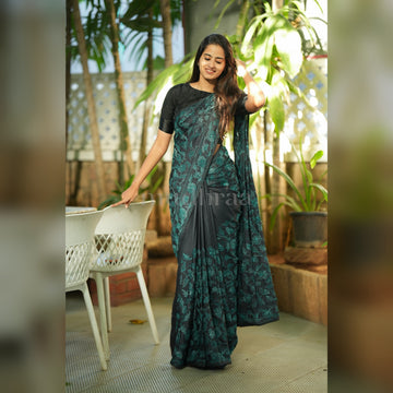 BLACK & TURQUOISE KANTHA TUSSAR SAREE