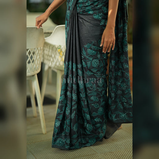 BLACK & TURQUOISE KANTHA TUSSAR SAREE