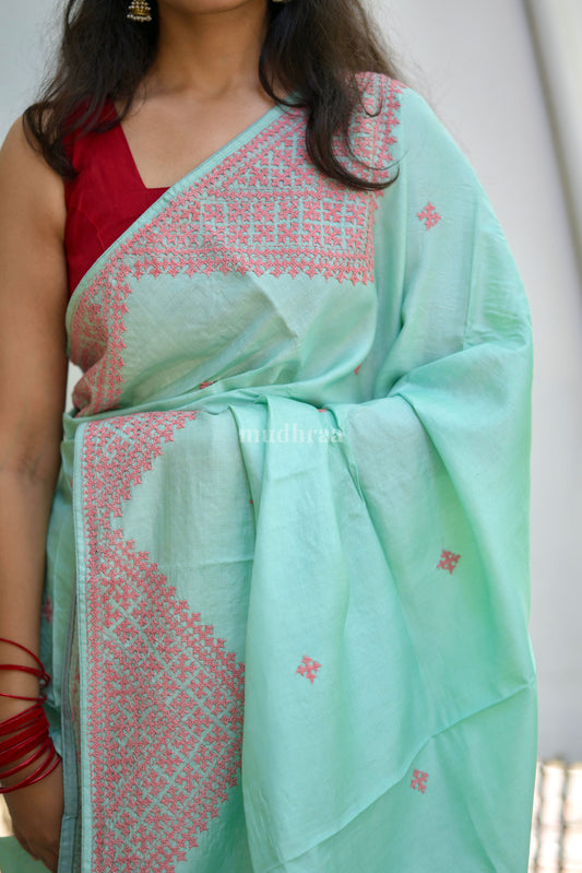 Pistachio Kutch Embroidered Tussar Saree