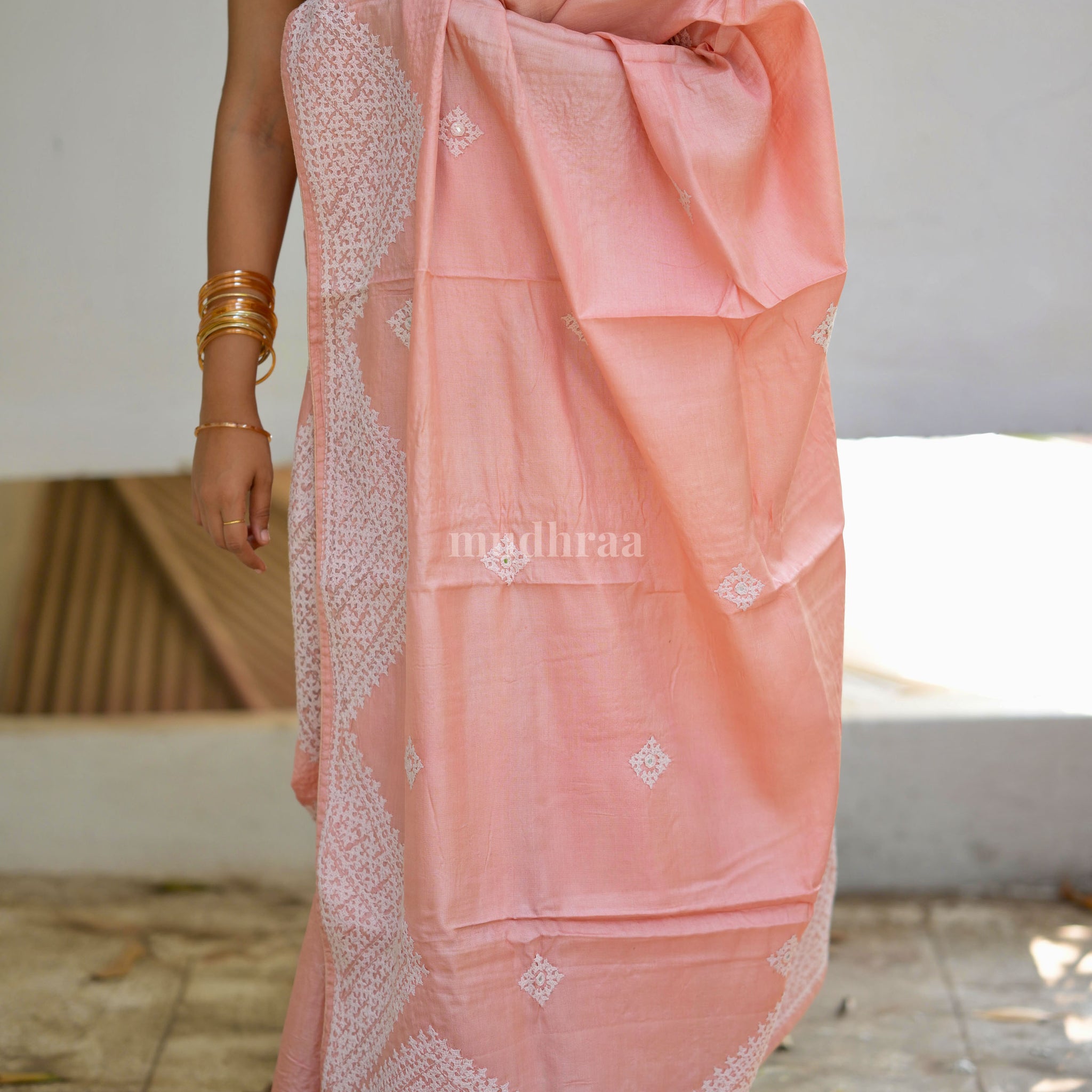 Light Peach Kutch Embroidered Tussar Silk Saree