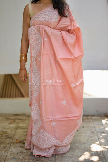 Light Peach Kutch Embroidered Tussar Silk Saree